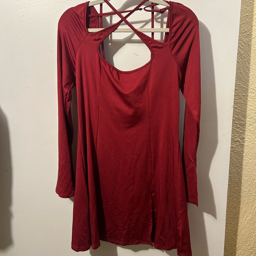 Red Long Sleeve Dress with Crisscross Back